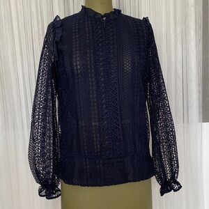 Ted Baker Comsee Dark Blue Lace Crochet Long Sleeve Blouse